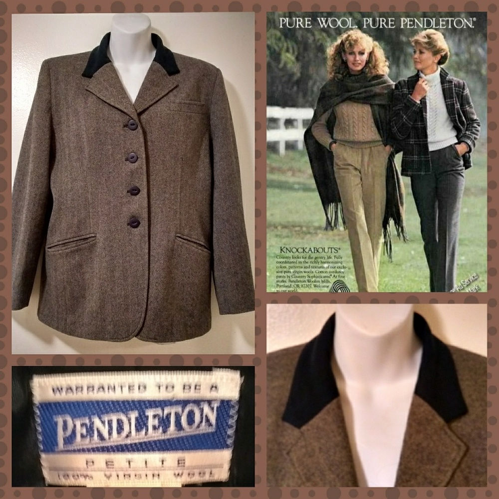 VTG 80s Pendleton Wool Blazer Tan Herringbone 12